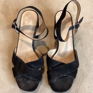 A New Day Black Faux Suede Block Heel Open Toe‎ Sandals, US Size 8.5